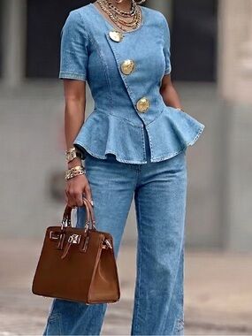 STYLEWE Asymmetrical Short Sleeve Blue Denim Peplum Top with Gold Buttons